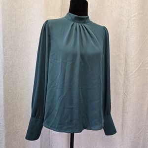 Iris Women's Sheer Dark Green Stand Collar Long Sleeve Blouse Size Medium